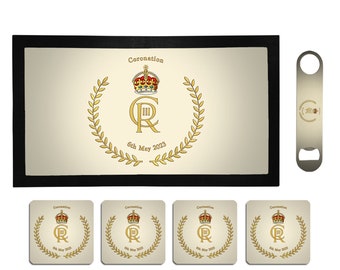 King Charles III Coronation Home Bar Gift Set For Him Bar Runner Mat, Pack of 4 Beer Mat Coasters & Bottle Opener British Street Party Decor