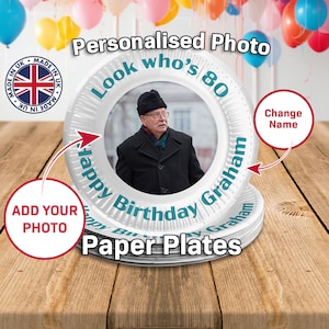 Decorazioni personalizzate per la festa dell'80° compleanno, piatti di carta personalizzati con foto e nome, celebrazioni personalizzate
