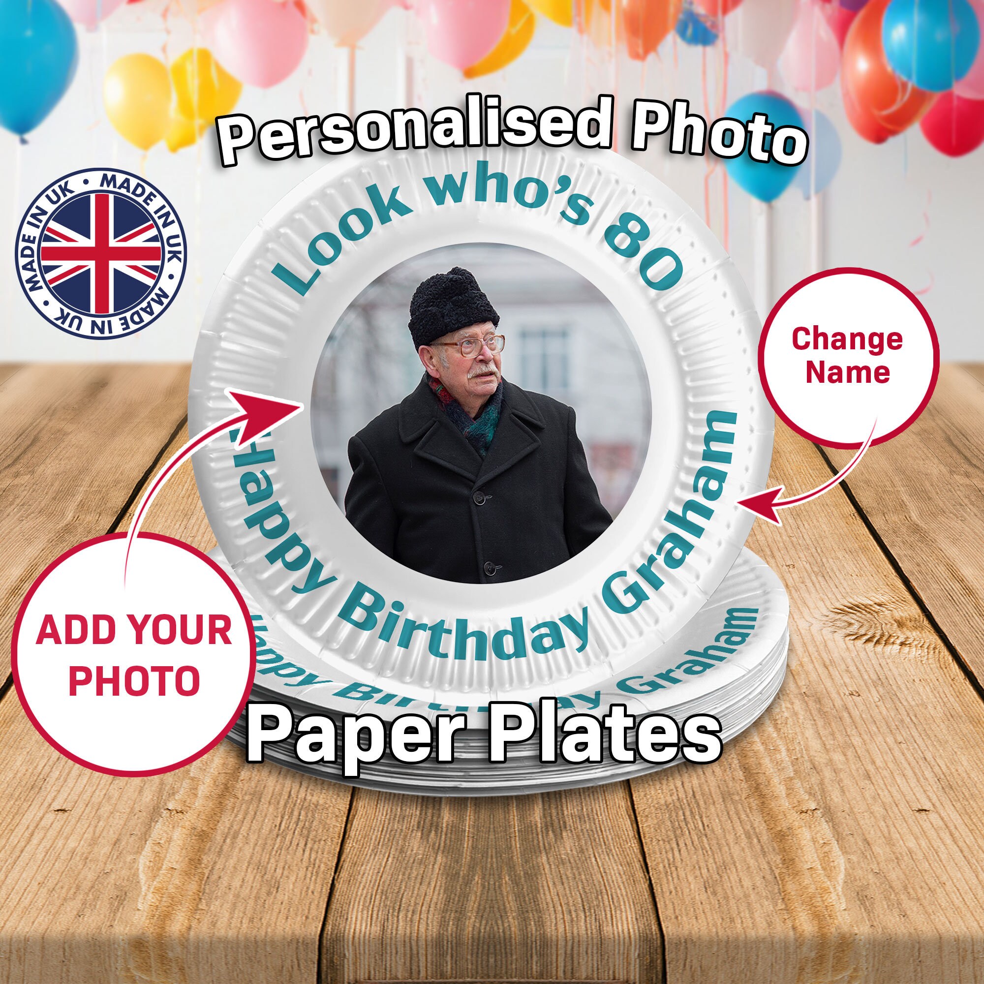 Personalised 80th Birthday Party Decorations paper Plates Personalized With Photo & Name, Custom Celebrations