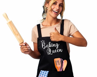 Baking Aprons for Women - Baking Gifts for Bakers, Adjustable Kitchen Cooking Aprons with 2 Pockets - Baking Queen