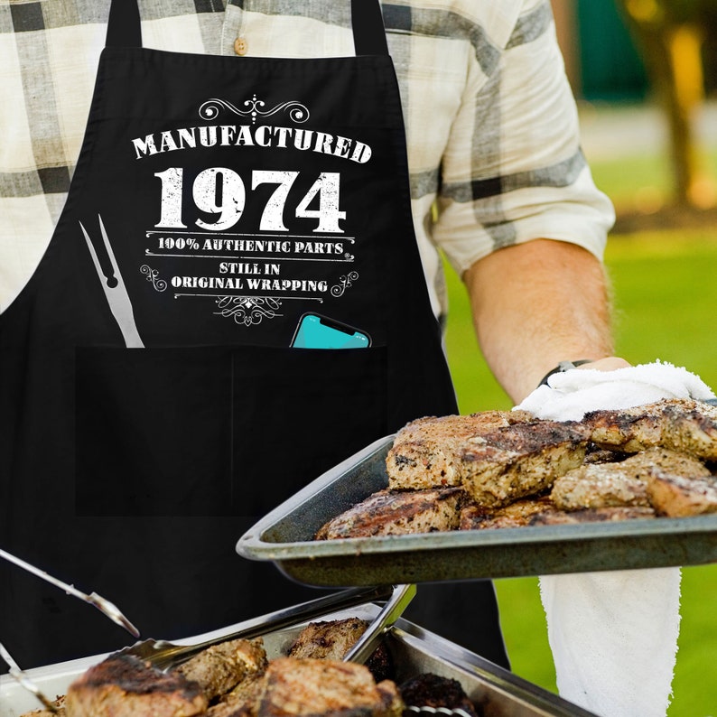 50th Birthday Gifts for Men Him Dad Husband BBQ Cooking Apron 100% Cotton 2 Pockets Manufactured 1974 image 4