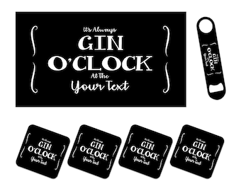 Personalised Bar Runner Mat, Matching Bottle Opener & 4 x Drinks Coasters Gift Set. Accessories for home Bars - GIN - ADD TEXT