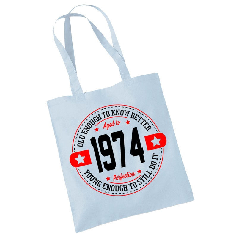 Birth Year Tote Bag In A Variety Of Colours For Her 50th Birthday Vintage Funny 1974 Gift Pastel Blue