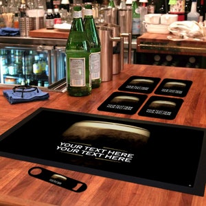 Juego de barra de bar personalizado, 4 posavasos, posavasos y abridor de botellas, accesorios de bar para el hogar, decoración de cuevas de hombres, bar de jardín, regalo para papá y hermano