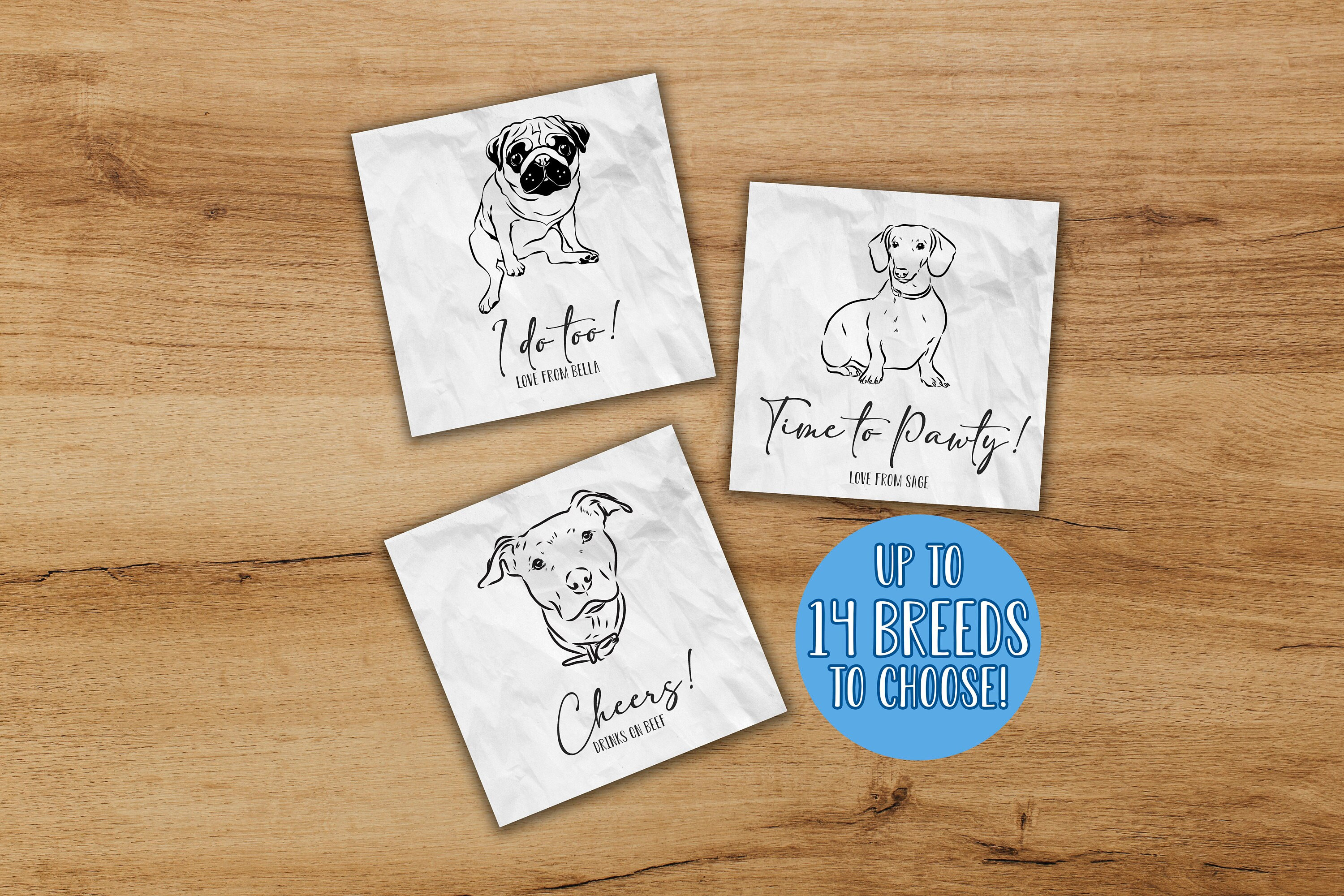 Custom Pet Cocktail Napkins, Dog Wedding Napkins, Dog Breed Pet Portrait Wedding Napkins - Packs of 25, 50 or 100