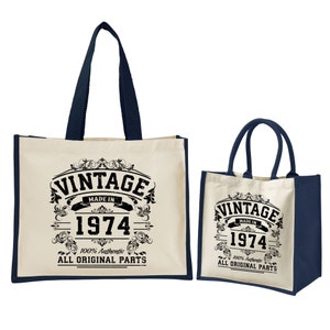 50th Birthday Original Vintage Jute Bag Keepsake Gift For Her Birth Year 1974 Gift Bag Shopper Travel Bag Available in 4 Colours & 2 Sizes Blue