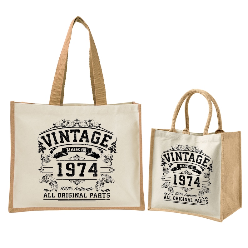 50th Birthday Original Vintage Jute Bag Keepsake Gift For Her Birth Year 1974 Gift Bag Shopper Travel Bag Available in 4 Colours & 2 Sizes Natural