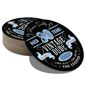 Posavasos de cartón para cerveza, diseño vintage para fiesta de cumpleaños número 30 (paquetes de 12, 24, 48 y 96 unidades), ideal para decorar la mesa de él o de ella, vajilla para fiestas.