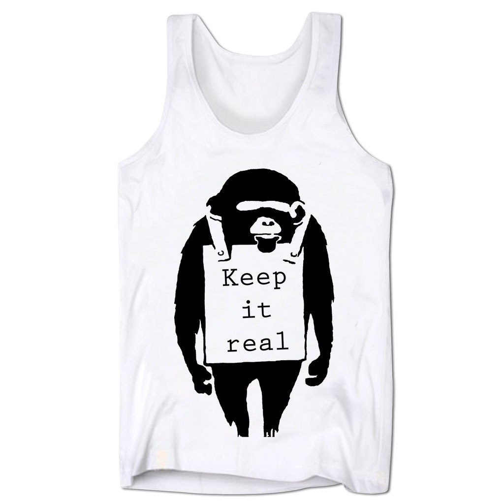 Image of Banksy Tank Top Vest Keep It Real Monkey Street Art Graffiti Stencil Artist Low Cut