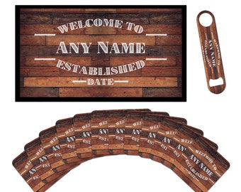 Personalised Home Bar Gift Set For Him Includes Bar Runner Mat, Pack of 12 Beer Mats, Bottle Opener Bar Accessories For Man Cave Garden Bar