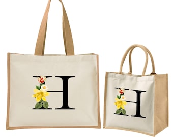 Personalised jute tote bag - monogram inital shopping Canvas bag - personalized hessian flower beach bag - wedding bridesmaid alphabet gift