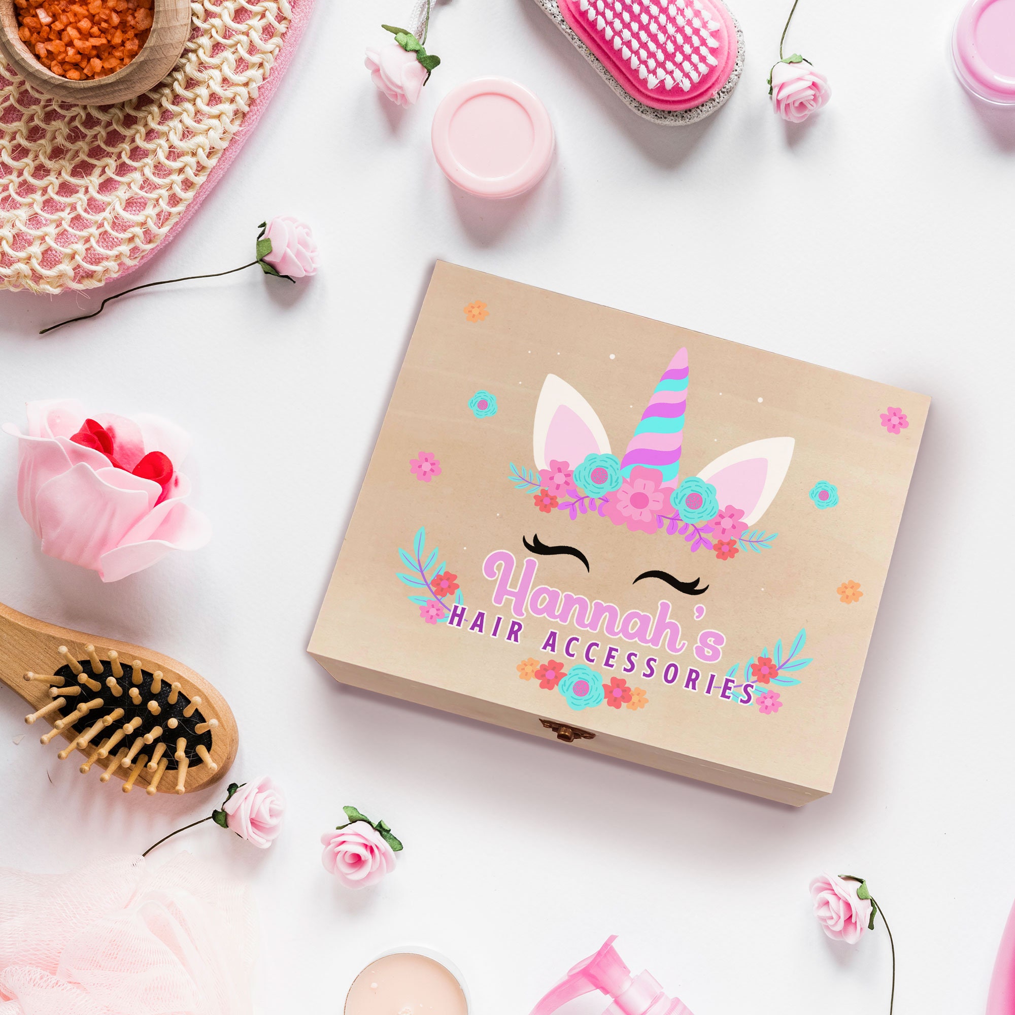 Personalized Unicorn Pattern Hair Accessories Storage Box, Custom Name Hair Bobbles Bows Clips Box, Gift for Her