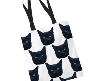 Black Cat Tote Bag – Cat Face Fabric Shoulder Bag Shopping Tote – Custom Reusable Cat Shopping Bag – Market Grocery Bag