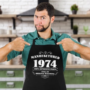 50th Birthday Gifts for Men Him Dad Husband BBQ Cooking Apron 100% Cotton 2 Pockets Manufactured 1974 image 3