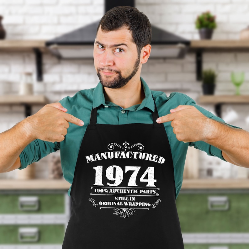 50th Birthday Gifts for Men Him Dad Husband BBQ Cooking Apron 100% Cotton 2 Pockets Manufactured 1974 image 3