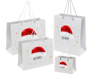 Personalised Christmas Gift Bags - Black, Grey, White - Festive Xmas Gift Wrapping Bags - Santa Hat