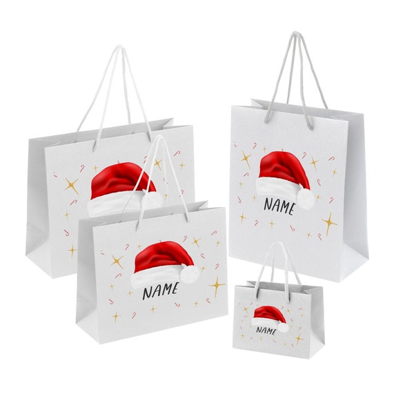 Personalised Christmas Gift Bags - Black, Grey, White - Festive Xmas Gift Wrapping Bags - Santa Hat