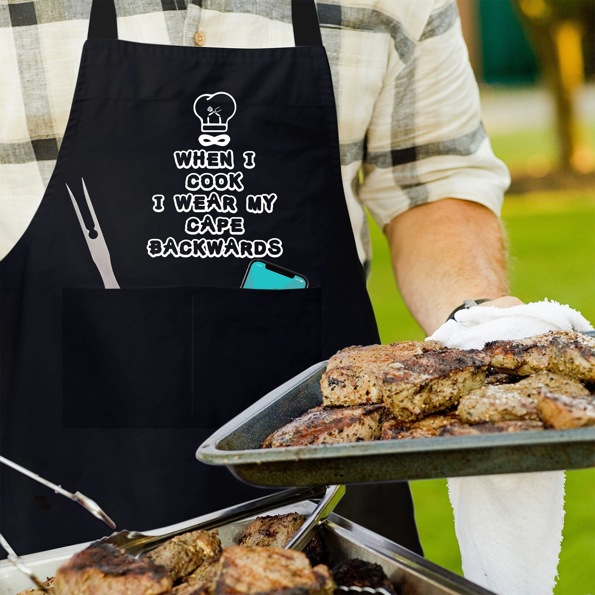 Funny BBQ Apron Grilling Gift Novelty Fathers Day Grilling Gift BBQ I Wear  My Cape Backwards Barbecue Grill Gift for Men 