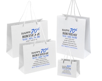 70th Birthday Gift Bags - Available in Black, White & Grey, Small, Medium or Large - Recycled Eco Friendly Gift Bag For Her Or Him - Blue