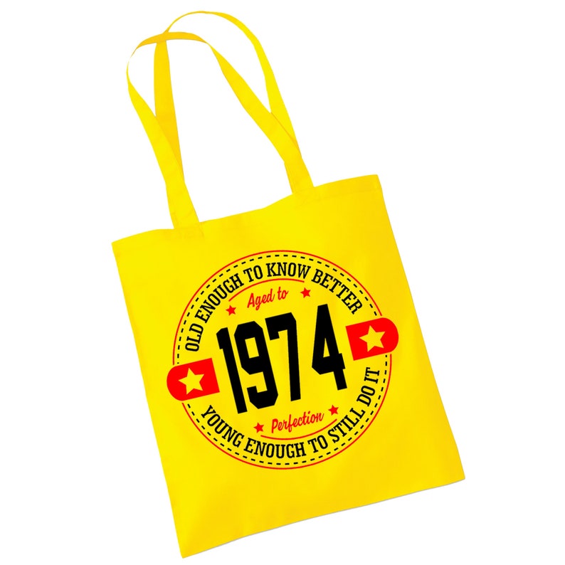 Birth Year Tote Bag In A Variety Of Colours For Her 50th Birthday Vintage Funny 1974 Gift Yellow