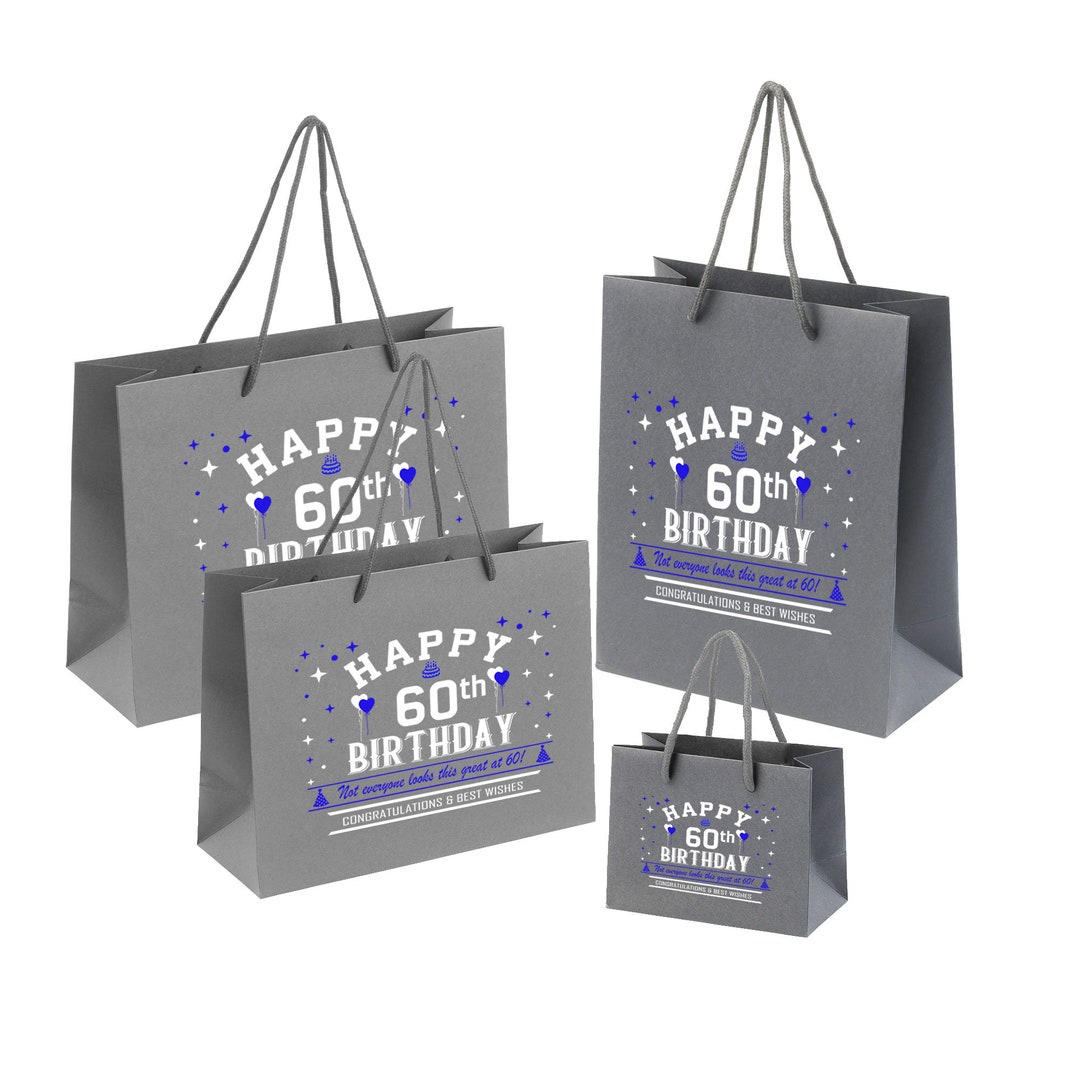 60th Birthday Gift Bags Available in Black, White & Grey, Small, Medium