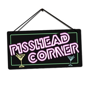 Neon Bar Sign - Cocktail Light Effect Metal Signs Tin Wall Hanging Plaques - Accessories for Home Pub Bars - 2 Sizes - Pisshead Corner