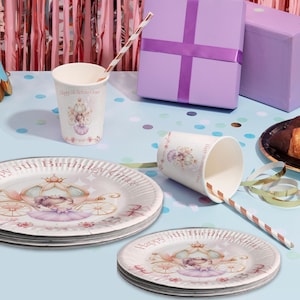 Nome personalizzato ed età decorazioni per feste da principessa delle fiabe, piatti, tazze, tovaglioli, per battesimo, per figlie, stoviglie per compleanni rosa baby