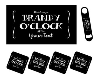 Personalised Bar Runner Mat, Matching Bottle Opener & 4 x Drinks Coasters Gift Set. Accessories for home Bars - BRANDY - ADD TEXT