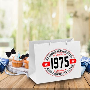 Sac cadeau de luxe pour 50e anniversaire, né en 1975 - Petits et grands sacs-cadeaux noirs, blancs pour sa mère, père, soeur, frère, cadeau 50e anniversaire
