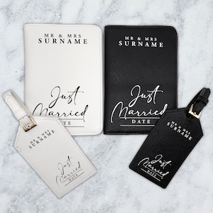 Huwelijksreis paspoorthoes bagagelabels, gepersonaliseerde cadeaus voor pasgetrouwden, pas getrouwd stel paspoorthouder bagagelabel, geschenken meneer en mevrouw