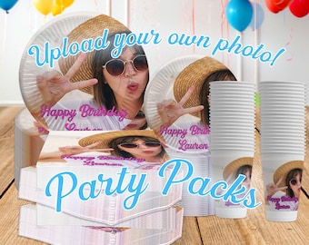 Custom photo party plates cups and napkins, personalised decorations birthdays wedding engagement, personalized paper party plates cups