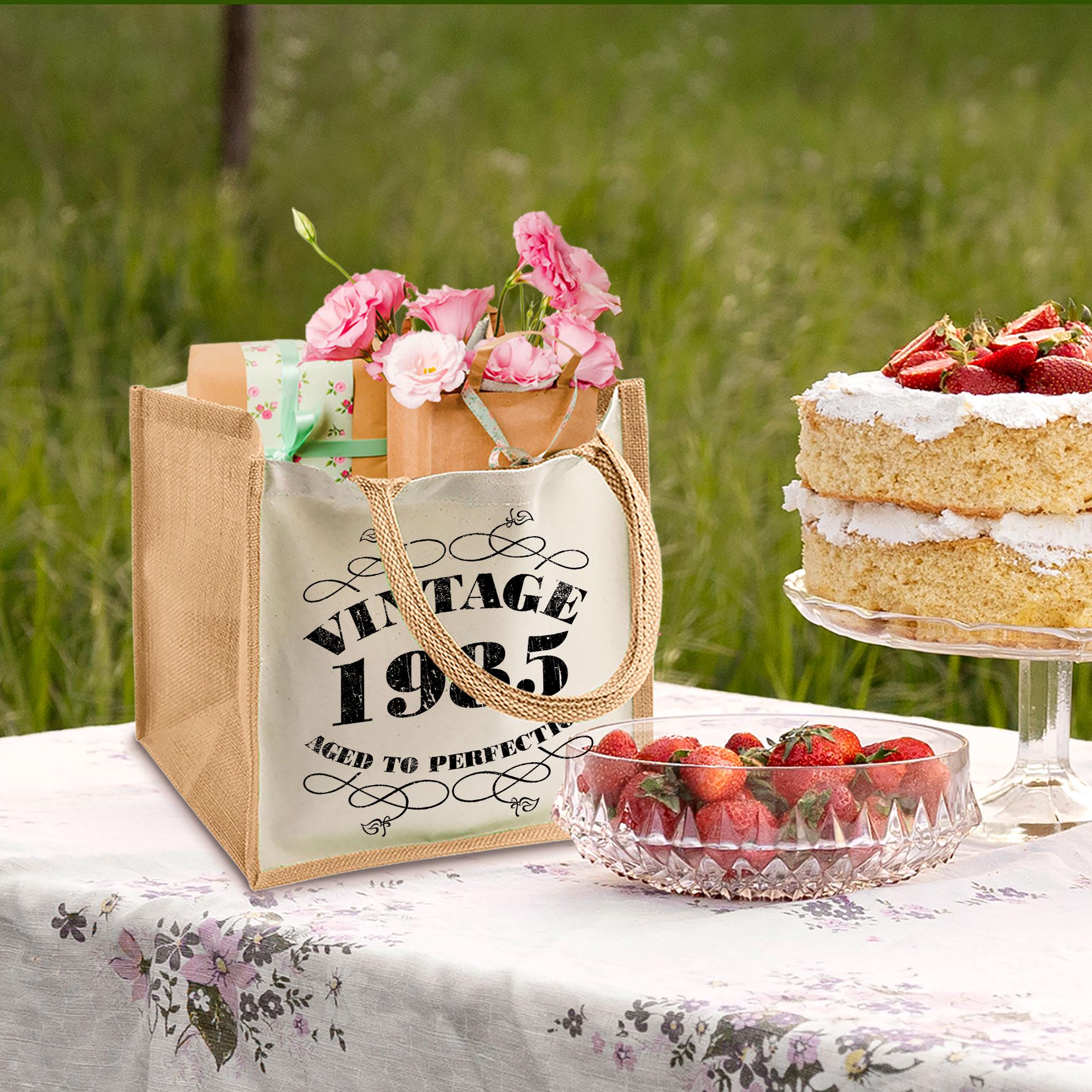 Jute-Geschenktasche Für Wein Zum 40. Geburtstag – Vintage-Design Mit 1985-Motiven, Kordelzug, Für Partys & Jubiläen