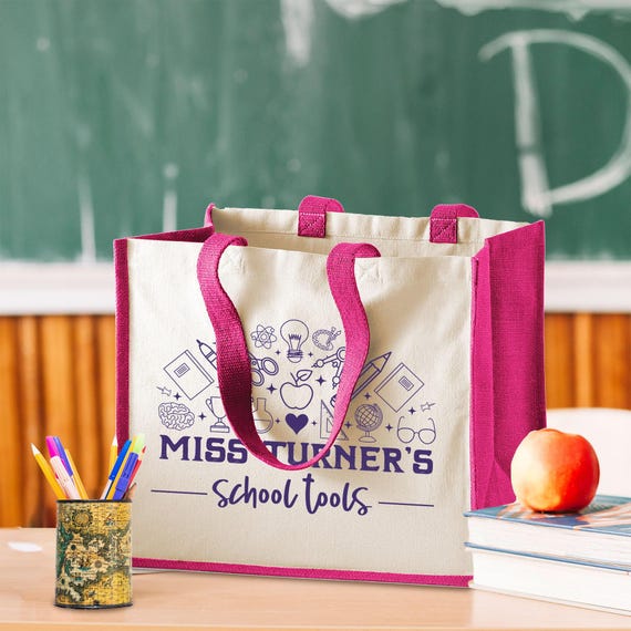 Personalised teacher tote bag keepsake, best teaching assistant,  appreciation thank you gift, jute canvas tote nursery school end of year