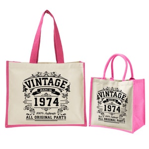 50th Birthday Original Vintage Jute Bag Keepsake Gift For Her Birth Year 1974 Gift Bag Shopper Travel Bag Available in 4 Colours & 2 Sizes Fuchsia