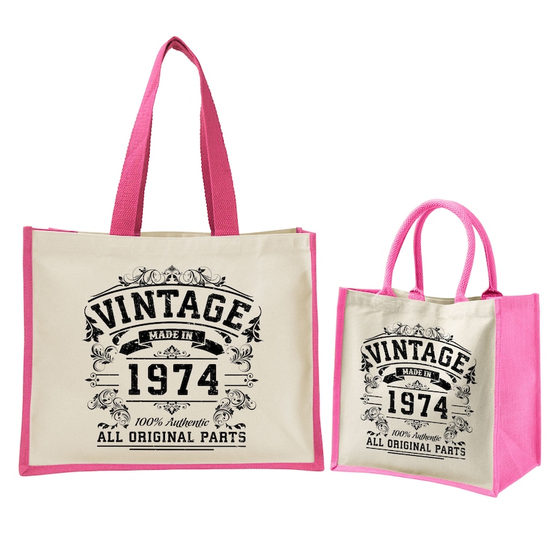 50th Birthday Original Vintage Jute Bag Keepsake Gift For Her Birth Year 1974 Gift Bag Shopper Travel Bag Available in 4 Colours & 2 Sizes Fuchsia