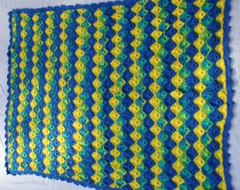 Blue and Yellow Blanket, Striped Crochet Afghan, Multi-color Teen Throw, College Dorm Decor, Large Lapghan, Modern Afghan