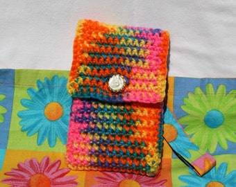 Multicolor Crochet Phone Case, Mobile Phone Cover with Strap, Pink Blue and Yellow Smartphone Pouch, Lined Cell Phone Holder