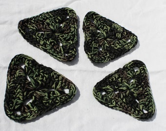 Set of Four Crochet Coasters, Camoflage Trivet, Camo Coaster, Triangle Mug Mat, Multi-color Glass Rest, Green and Black Mug Rug, Coaster Set