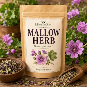 May include: A brown paper pouch labeled IvHealthyShop Mallow Herb Malva sylvestris L. Bulgarian Herb with a botanical illustration of purple mallow flowers and green leaves. A wooden bowl and a wooden scoop contain dried green and purple herbs.