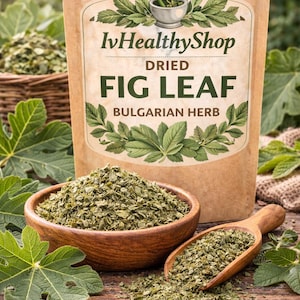 May include: A brown paper pouch labeled IvHealthyShop Dried Fig Leaf Bulgarian Herb with a mortar and pestle illustration. A wooden bowl and a wooden scoop contain dried green fig leaves, with fresh fig leaves scattered around the base.