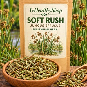Könnte beinhalten: Ein brauner Papierbeutel mit der Aufschrift IvHealthyShop Soft Rush Juncus Effusus Bulgarian Herb und einer botanischen Illustration. Eine Holzschale gefüllt mit getrockneten grünen Pflanzenstängeln und kleinen braunen Büscheln steht davor.