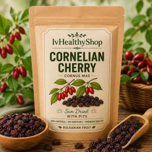 Pode incluir: Uma bolsa de papel bege de Cornelian Cherry Cornus Mas secas ao sol com caroço da IvHealthyShop. O rótulo apresenta texto verde, uma ilustração botânica de bagas vermelhas em ramos e as palavras 100% natural, sem aditivos, qualidade premium.