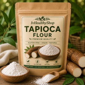 May include: A brown paper pouch of IvHealthyShop Tapioca Flour with a label featuring the text TAPIOCA FLOUR, PREMIUM QUALITY, GLUTEN-FREE, VEGAN, NATURAL, 100% PURE, NO ADDITIVES, NO PRESERVATIVES, and icons for vegan, gluten-free, natural, and non-GMO.