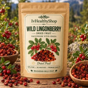 May include: A brown paper pouch of IvHealthyShop Wild Lingonberry dried fruit. The label features text, a botanical illustration of lingonberry branches, and a pile of dried red berries. It states 100% pure, no additives, and Bulgarian wild fruit.
