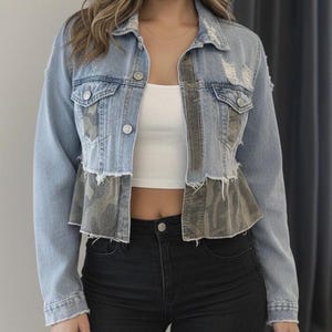 Upcycled Denim Jacket with Camouflage Pleated Paneling– Cropped Raw Hem Jacket (XL)