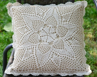 Crochet pillow cover, cushion crochet cover, retro lace, cottage chic decorative pillowcase, throw pillow cover, rustic decor, farmhouse