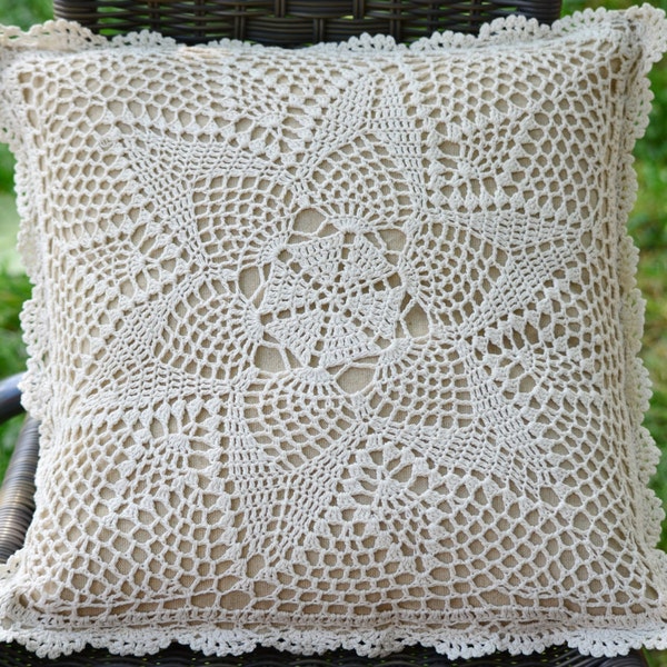 Housse de coussin au crochet, housse de coussin au crochet, dentelle rétro, taie d'oreiller décorative cottage chic, housse de coussin, décor rustique, ferme