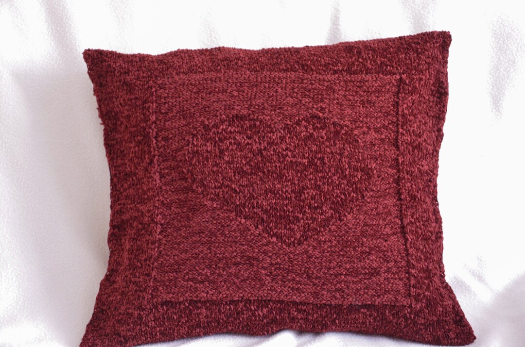 Hand Knit Pillow Cover, Decorative Couch Pillow, Burgundy Throw Pillow Case, Knitted Heart