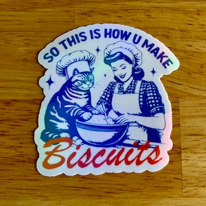 Vintage Style Kitty Sticker: Baking Biscuits Hologram Overlay