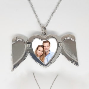 Personalised Locket Necklace printed with your picture Angel heart wings open, close magnetically